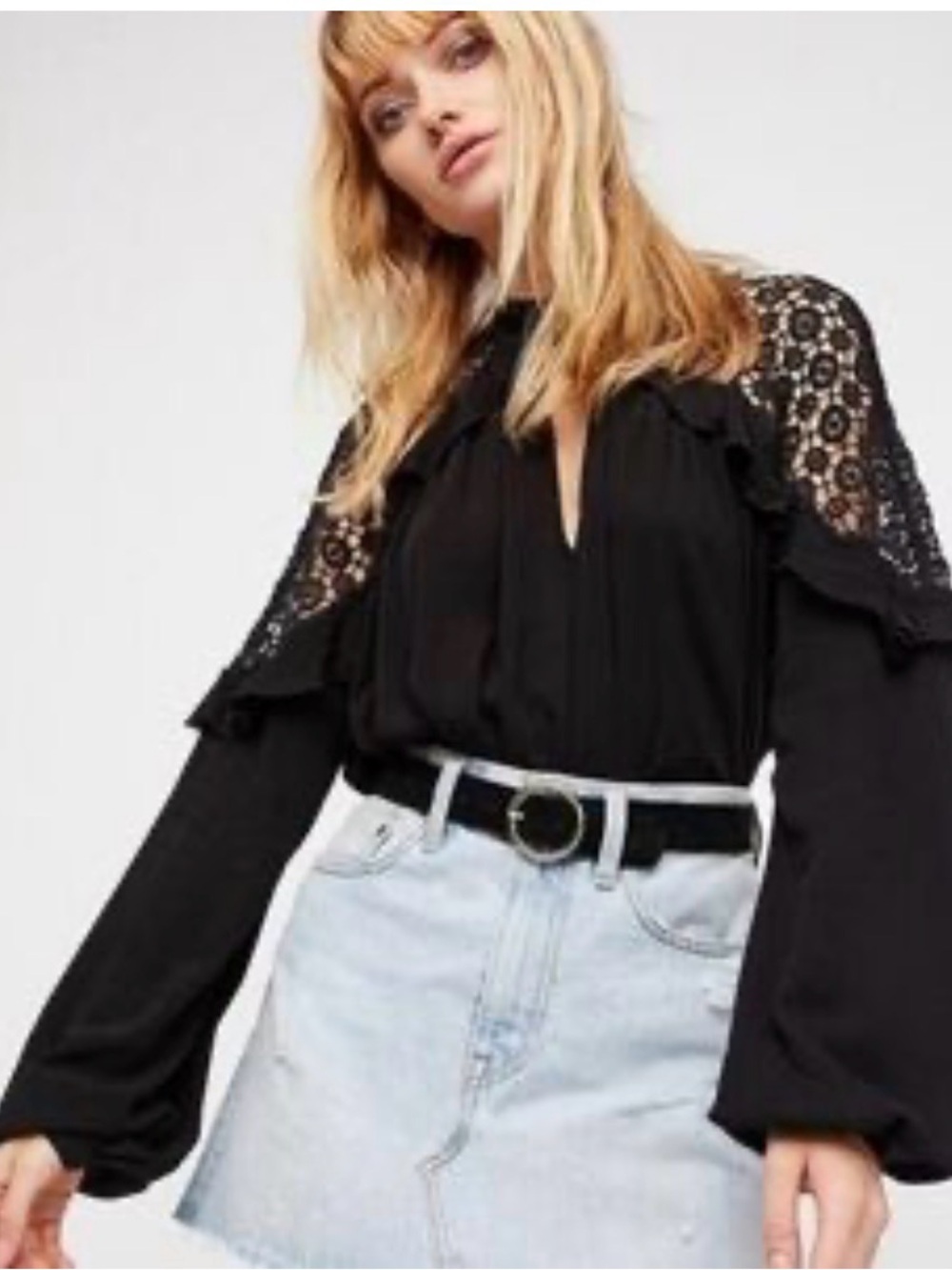 Free People Black Lace Yoke Long Sleeve Blouse